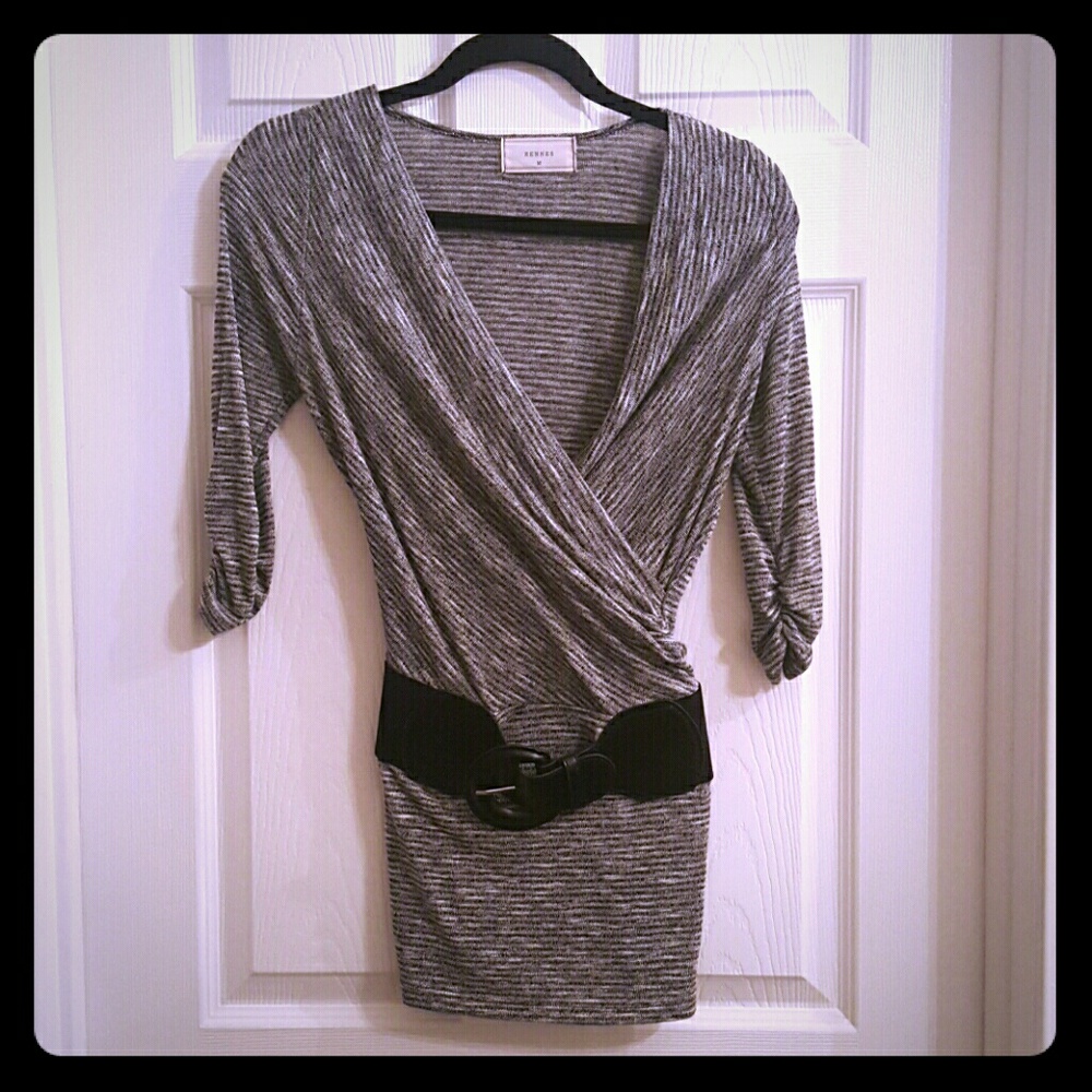 Heather gray mock-wrap tunic w/belt